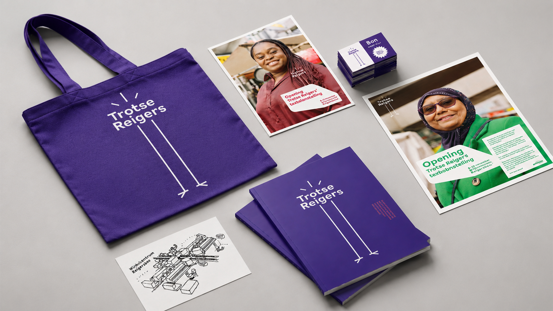 Een mockup foto van verschillende middelen waaronder een totebag, posters, boeken en kleurplaat